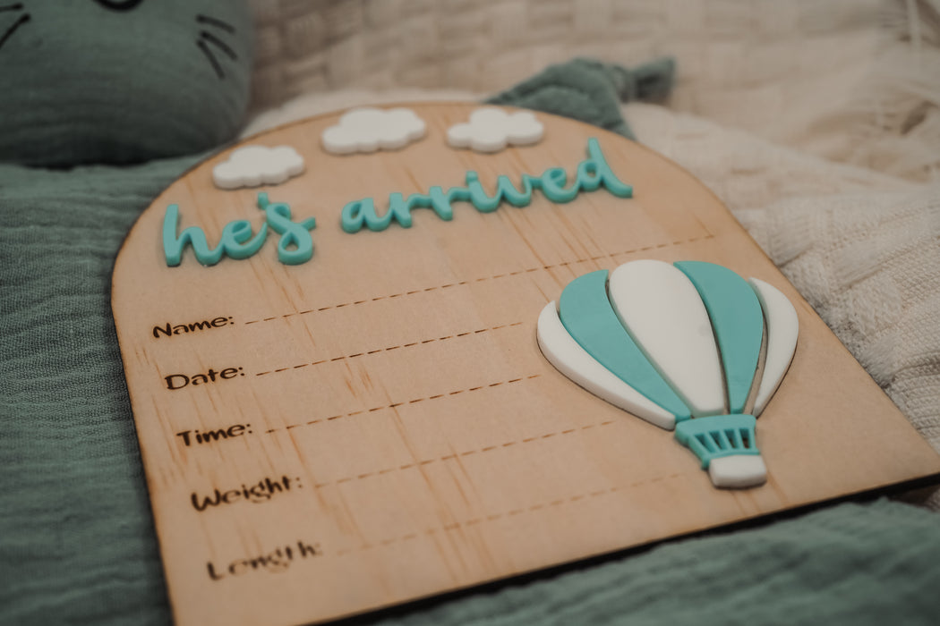 Heavenly Horizons Birth Announcement Plaque: He's Arrived Edition
