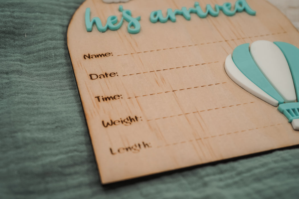 Heavenly Horizons Birth Announcement Plaque: He's Arrived Edition
