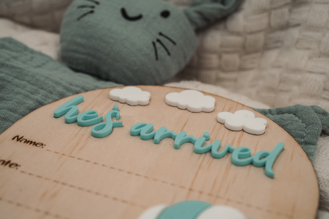 Heavenly Horizons Birth Announcement Plaque: He's Arrived Edition